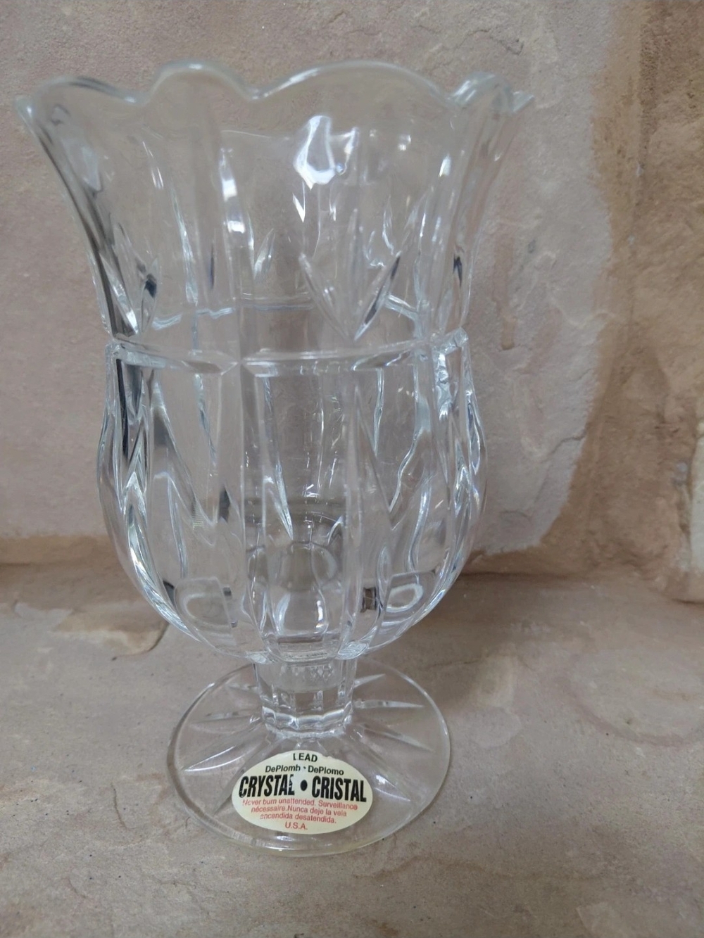 It stands approximately 7 inches tall andCrystal Pedestal Hurricane Vase - Clear
